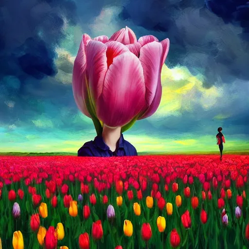 Prompt: large tulip as a head, girl standing in a flower field, surreal photography, sunrise dramatic light, impressionist painting, colorful clouds, digital painting, artstation, simon stalenhag