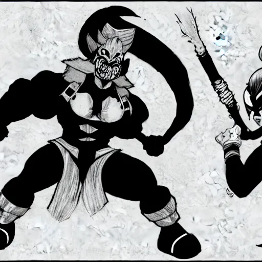 Prompt: Harley Quinn as a skullgirls character, fighting ryu from street fighter, hand drawn, highly detailed