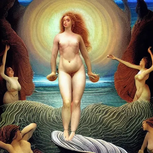 Image similar to The print depicts the moment when the goddess Venus is born from the sea. She is shown standing on a giant clam shell, with her long, flowing hair blowing in the wind. The print is full of light and color, and Venus looks like she is about to step into a beautiful, bright future. renaissance painting by Wayne Barlowe gloomy