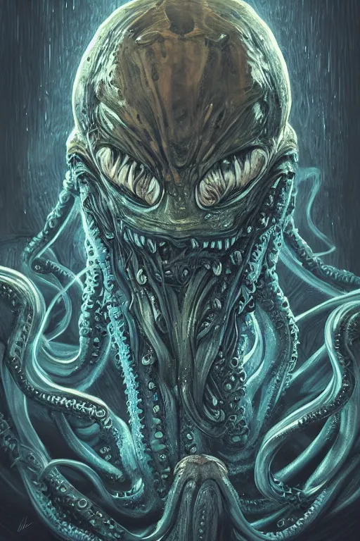 Image similar to digital portrait of octopus alien in the style of alien xenomorph, blue glow, machine face, intricate, elegant, highly detailed, digital painting, artstation, concept art, smooth, sharp focus, illustration, art by artgerm and greg rutkowski and hr giger, zdzisław beksinski, horror, slimy, blue glow 8 k