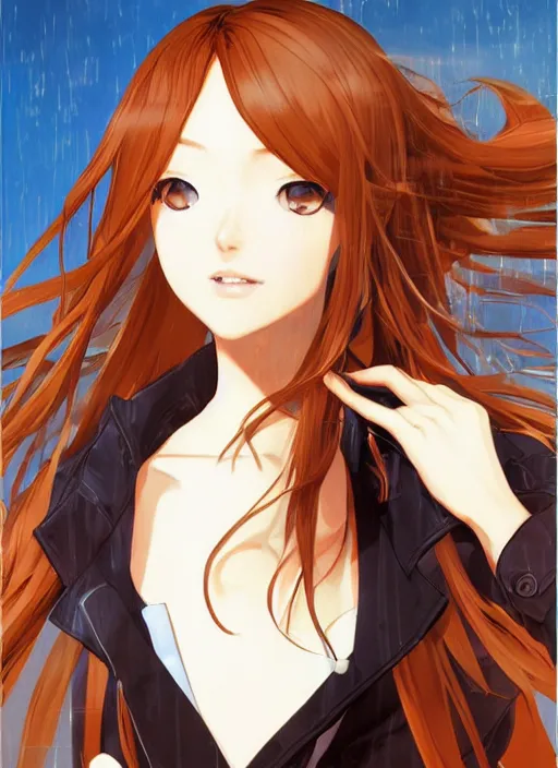 Image similar to portrait illustration by shigenori soejima, beautiful girl with fox ears, focus on face, pretty, cinematic lighting, painterly, long wavy orange hair, light brown trenchcoat