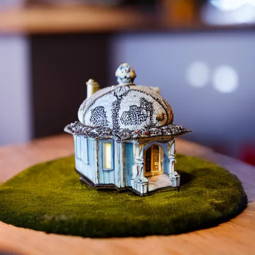 Prompt: a tiny house that looks like an ornate tea set on a table on display in a contemporary art gallery, uncanny, liminal spaces, incredulous, beautiful, bokeh