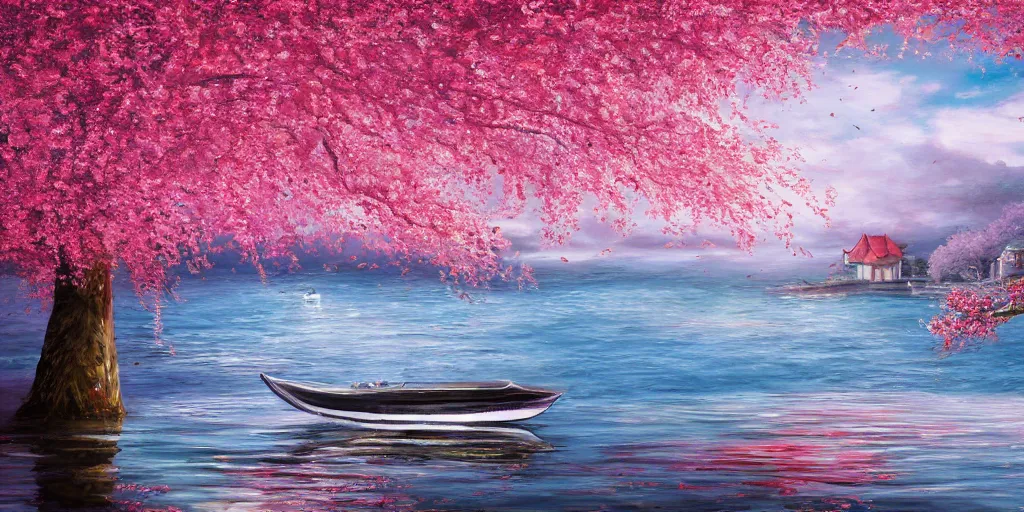 Prompt: fantasy painting of a boat on water surrounded by cherry trees, back lighting, ultra detail, depressing, somber, cherry trees, petals falling, fantasy