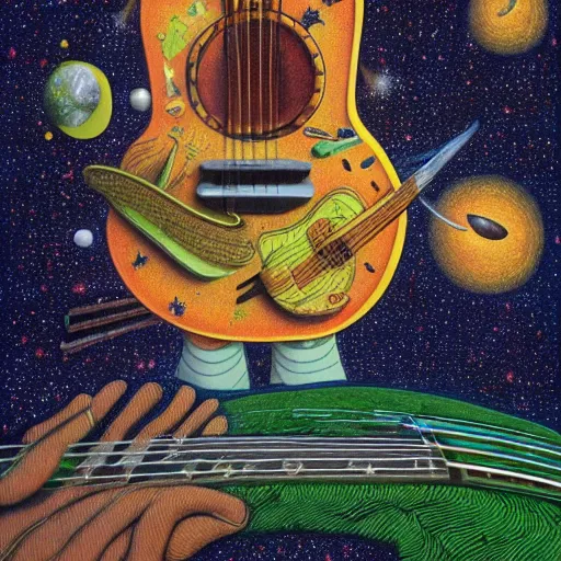 Image similar to morning in the middle of the day in the lush forest, guitar, milky way, designed by moebius, rob gonsalves, gustav dore, giuseppe arcimboldo and carl barks, louis wain, trending on artstation, canada, star, sharp focus, colorful refracted sparkles and lines, soft light, 8 k 4 k