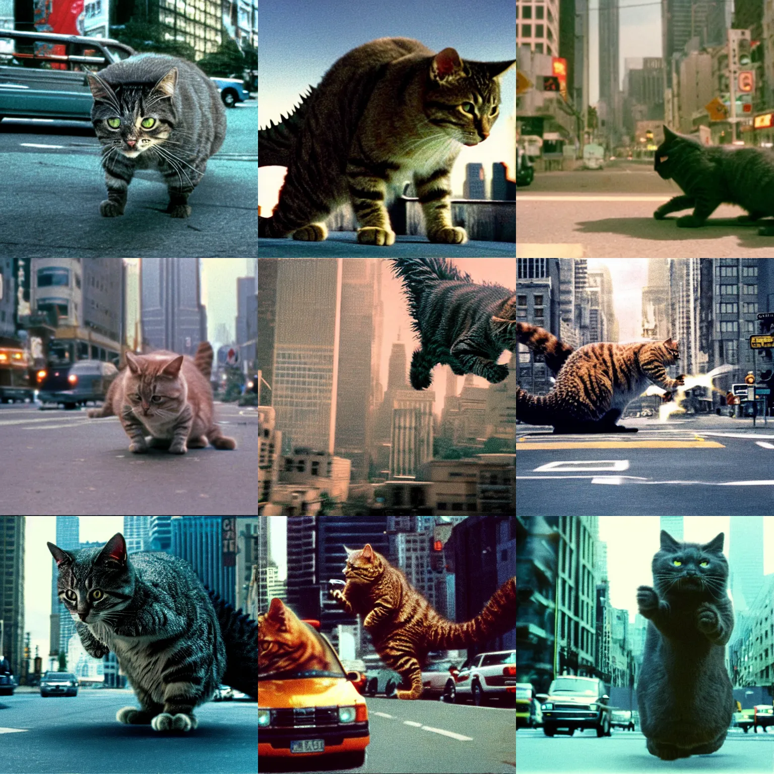 Prompt: cinestill of cat godzilla rampaging in big city, disaster movie