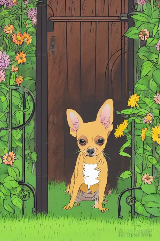 Image similar to A black and tan chihuahua looks through her garden gate, cel shaded cartoon in the style of studio Ghibli, stormy weather, raining, wet, morning, cinematic lighting