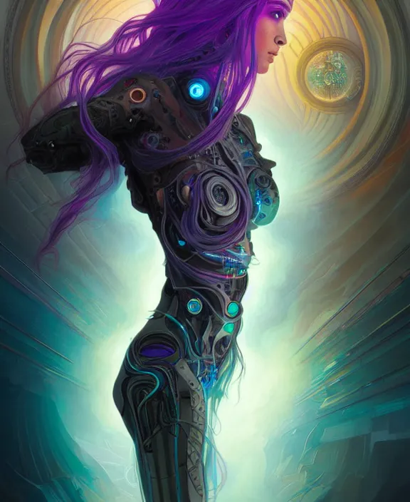 Prompt: a whirlwind of souls rushing inside the metaverse, half body, jewelry, hologram, dreads, android, cyborg, cyberpunk face, by loish, d & d, fantasy, intricate, elegant, highly detailed, colorful, vivid color, digital painting, artstation, concept art, art by artgerm and greg rutkowski and alphonse mucha