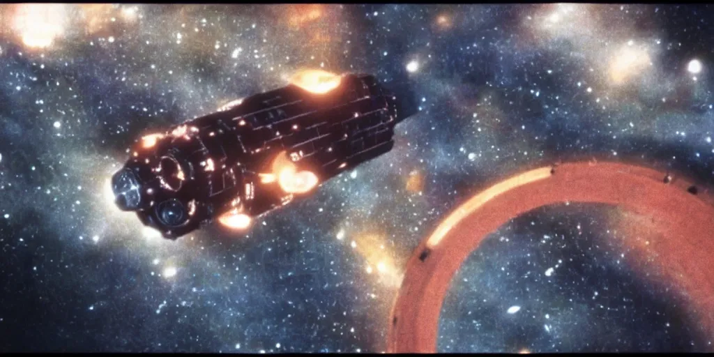 Prompt: film still of a space ship freighter in orbit, dark and rusty, ridley scott, 1 9 8 0 s science fiction, dark science fiction movie