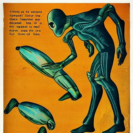 Prompt: “a 1950s future prediction of an alien species biology, 1950s magazine illustration, anatomy illustration”