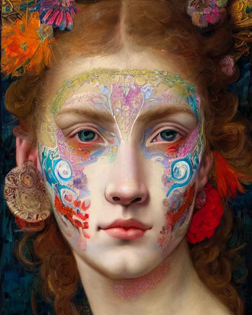 Image similar to a beautiful girl wearing colourful face paint surrounded by bright intricate patterns, by edgar maxence and caravaggio and michael whelan, intricate painting, hyper realistic, extremely detailed and beautiful aesthetic face, 8 k resolution