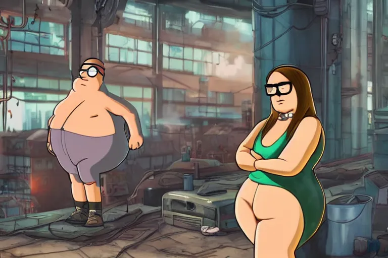 Image similar to Beautiful peter griffin in cyberpunk industrial powerplant looking at homeless Sasha grey featured on artstation, cinematic chiaroscuro, photorealistic, unreal engine