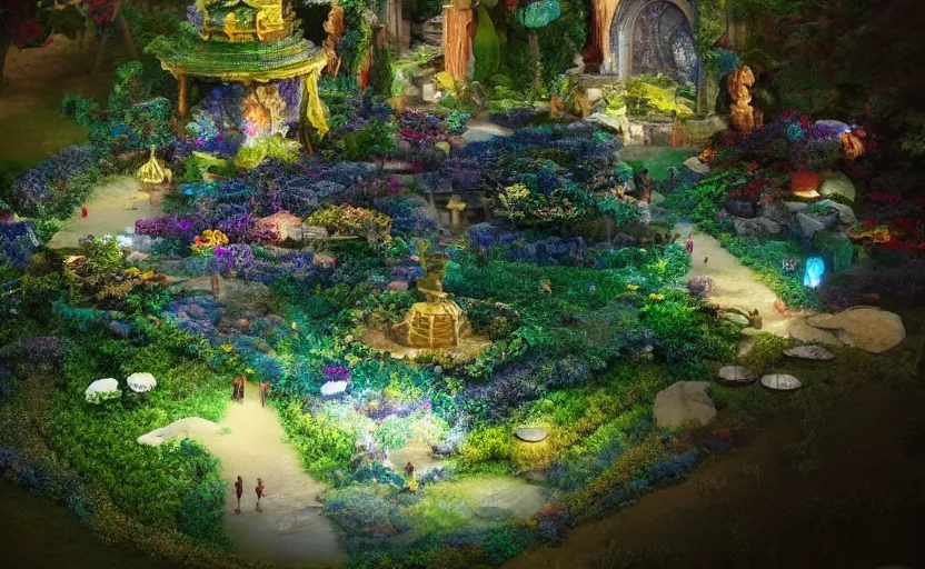 Image similar to as of the gods, which is said to have been filled with brilliance, and there was a garden there made entirely of precious stones, close up bokeh hiperrealistic, high detailled, darkness dramatic, sharp focus, octane render, imax