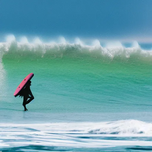 Image similar to Photograph of a zen monk surfing a giant wave on a summer day, natural light, telephoto lens, 4k image, Canon EOS