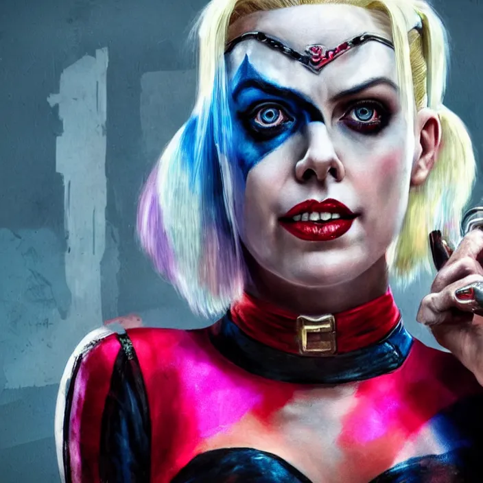 portrait of Charlize Theron as a harley quinn in | Stable Diffusion