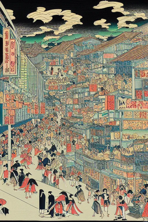 Image similar to An illustration of Copacabana in Rio de Janeiro in the style of Utagawa Kunisada in high resolution.