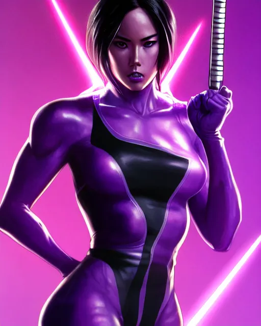 Prompt: Psylocke, Chloe Bennet, long black hair, purple laser sword, realistic character concept, middle shot, action pose, comic book, illustration, slender symmetrical face and body, artstation, cinematic lighting, hyperdetailed, artgerm, 8k, Rafeal Albuquerque comic book art, single face, insanely detailed and intricate, beautiful