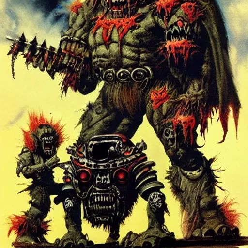 Image similar to Heavy metal Ork, Orkboy, Ork, 80s metal, mohawk, shaggy hair, New Wave of British Heavy Metal, Frank Frazetta, pulp art, illustration