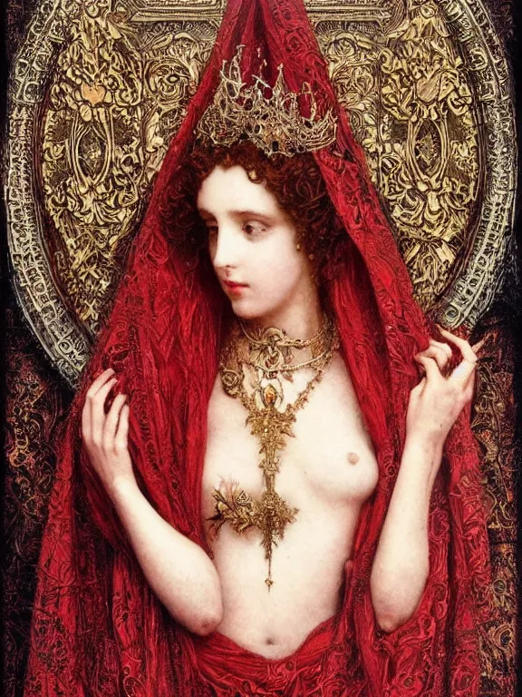 Image similar to a beautiful render of a catholic veiled red queen with symmetry intricate detailed ,heart sculpture,by Lawrence Alma-Tadema,aaron horkey,Billelis,trending on pinterest,hyperreal,jewelry,gold,intricate,maximalist,glittering,golden ratio,cinematic lighting