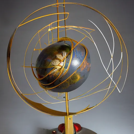 Image similar to a kinetic sculpture of this solar system, sun, orrery, canon 5 d 5 0 mm lens, papier - mache, studio, 1 9 5 4