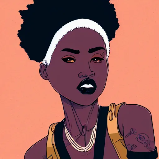 Prompt: Portrait design of afropunk urban character in a street, medium shot, asymmetrical, 3/4 profile picture, painting by Alberto Mielgo and Laurie Greasley and Lois van Baarle, trending on artstation,