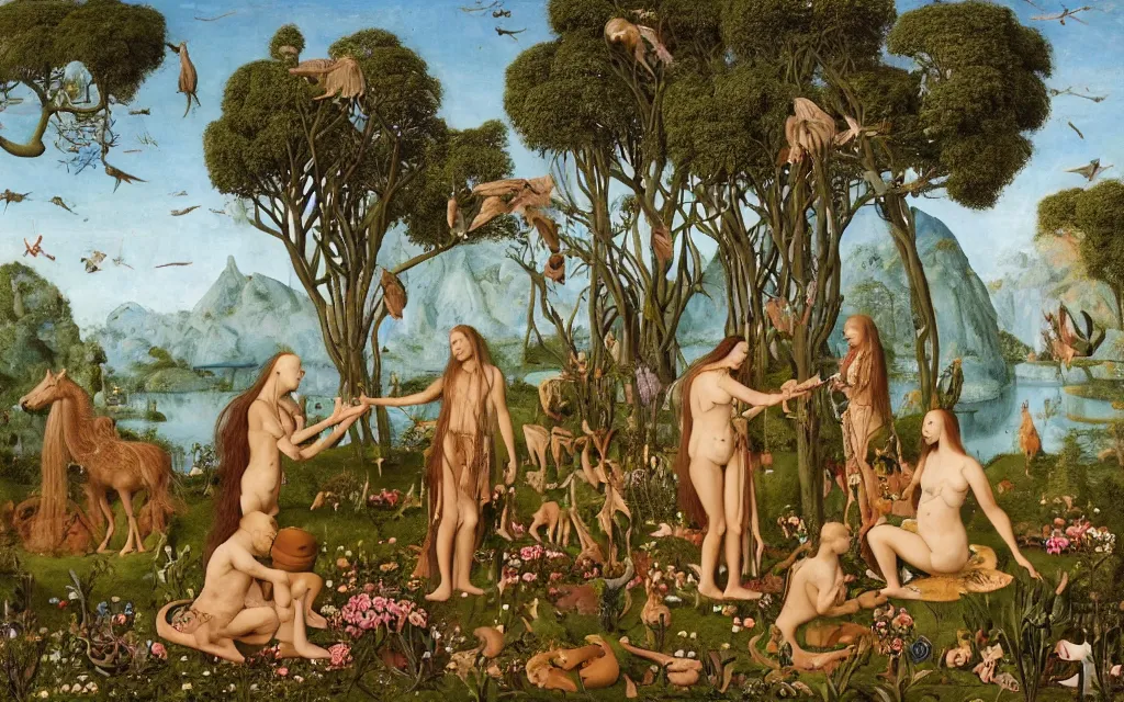 Image similar to a photograph of a meditating centaur shaman and a mermaid druid feeding animals. surrounded by bulbous flowers, animals and a few trees. river delta with mountains and cliffs under a blue sky full of burning stars and birds. painted by jan van eyck, max ernst, ernst haeckel, ernst fuchs and artgerm. trending on artstation