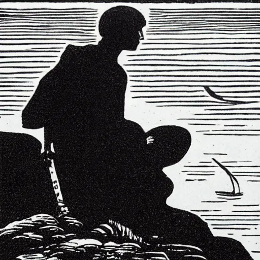 Prompt: Wanderer above the Sea by Caspar David Friedrich as a black and white Linocut