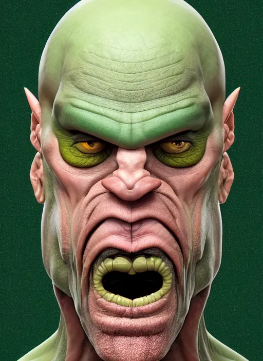 Image similar to muscular creature with muted green skin, bald, no nose, large eyes, mouth is closed, surprised expression, hyper detailed, digital art, trending in artstation, cinematic lighting, studio quality, smooth render, unreal engine 5 rendered, octane rendered, art style by klimt and nixeu and ian sprigger and wlop and krenz cushart.