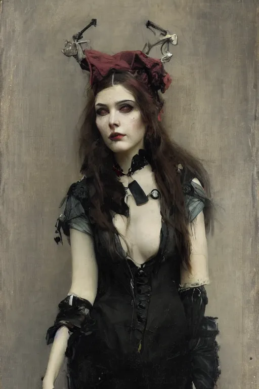 Prompt: Richard Schmid and Jeremy Lipking and Roberto Ferri full length portrait painting of a young beautiful victorian steampunk goth woman