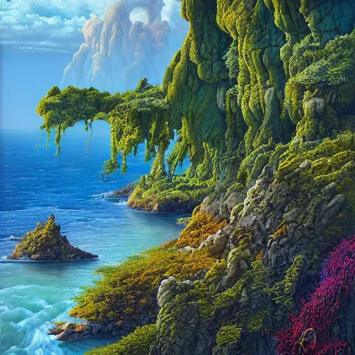 Image similar to painting of a lush natural scene on an alien planet by michael whelan. beautiful landscape. weird vegetation. cliffs and water.