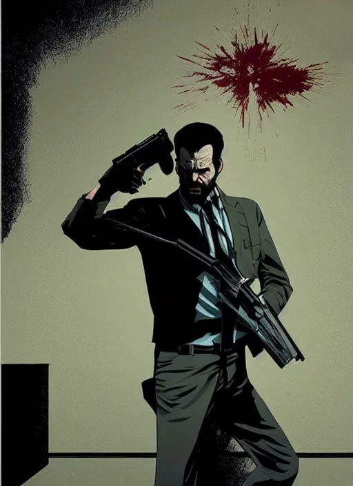 Prompt: poster artwork by Michael Whelan and Tomer Hanuka, a portrait of Max Payne dying from gunshot wounds, clean