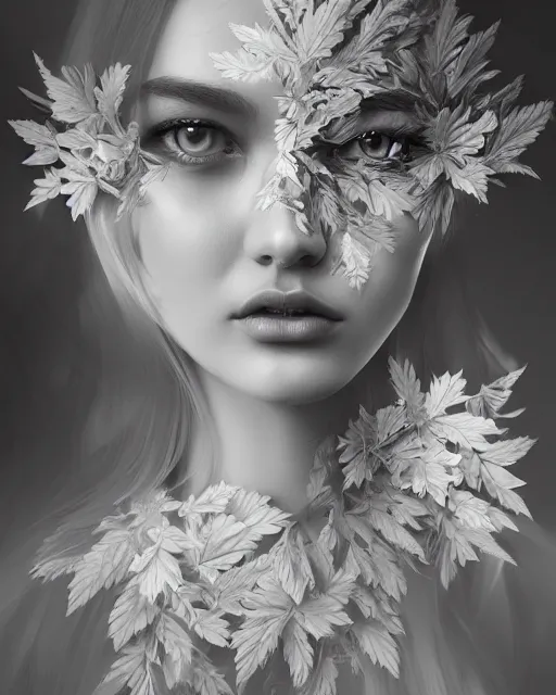 Image similar to intricate foliage beauty double exposure portrait, artstation, tony sart, photorealism, grayscale, otherworldly fantasy illustration, by artgerm
