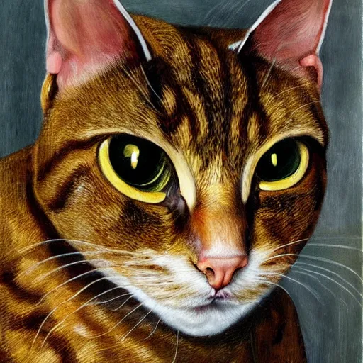 Image similar to high quality high detail painting by lucian freud, hd, brown cat with yellow eyes