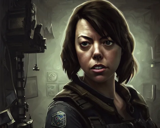 Image similar to a gaming screenshot still portrait of aubrey plaza in resident evil, deep focus, d & d, fantasy, intricate, elegant, highly detailed, digital painting, artstation, concept art, matte, sharp focus, illustration, dark fantasy style art, hearthstone, art by artgerm and greg rutkowski and alphonse mucha