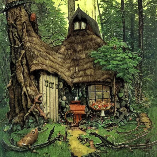 Image similar to witch cottage in the forest, lush forest art by norman rockwell, wide angle