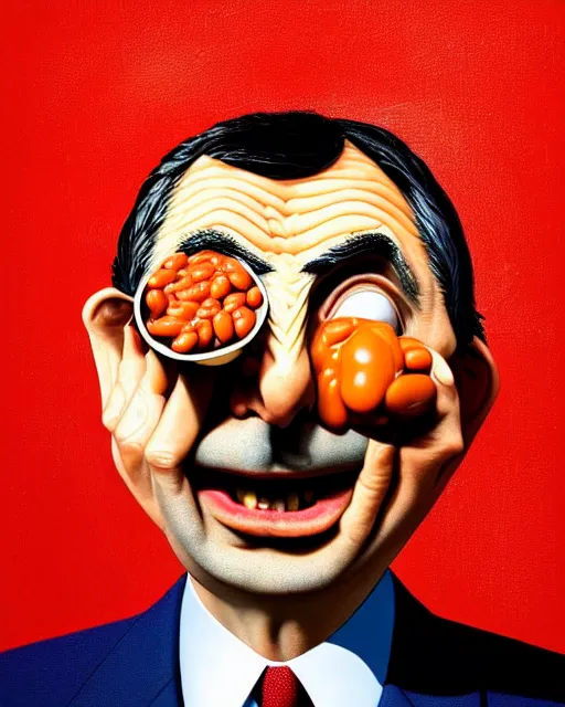 Prompt: portrait of mr bean's face in a bowl full of baked beans, head fully covered in beans and tomato sauce, beans in his eyes sockets, tomato sauce coming from his eyes, open mouth overflowing with baked beans, rowan atkinson, muted colors, surrealist oil painting, highly detailed