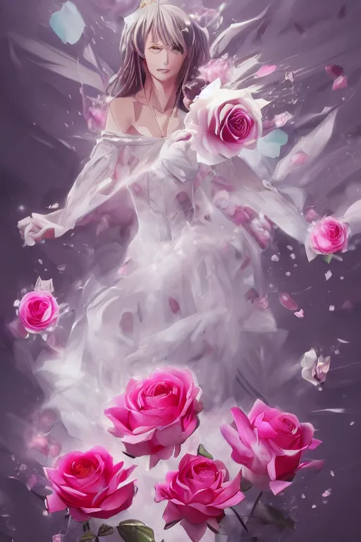 Image similar to concept art magic invisible blades slicing through a bouquet of white and pink roses, flowers exploding and spraying, big puffy clouds, large rose petals, lotus petals, large polygonal background elements, large polygons, dramatic anime, dramatic lighting, artgerm, manga, trending on artstation, marco bucci, mature colors