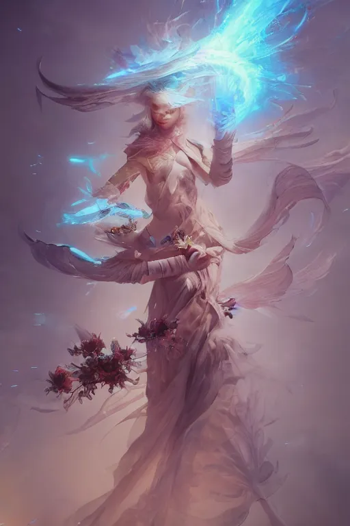 Image similar to beautiful girl necromancer exploding into flowers, angels, 3 d render, hyper - realistic detailed portrait, holding electricity and birds, ruan jia, wlop. scifi, fantasy, hyper detailed, octane render, concept art, peter mohrbacher