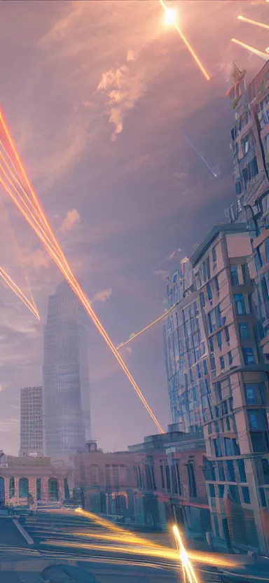 Image similar to unreal engine 5 render of a happy city on a sunny day with lasers coming out of the clouds, digital art ”