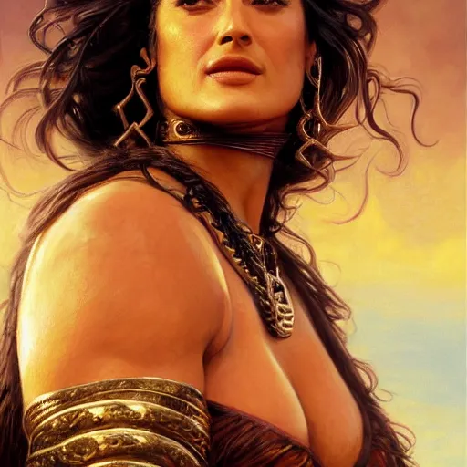 Image similar to a portrait of Salma Hayek as a barbarian, detailed, centered, digital painting, artstation, concept art, donato giancola, Joseph Christian Leyendecker, WLOP, Boris Vallejo, Breathtaking, 8k resolution, extremely detailed, beautiful, establishing shot, artistic, hyperrealistic, beautiful face, octane render