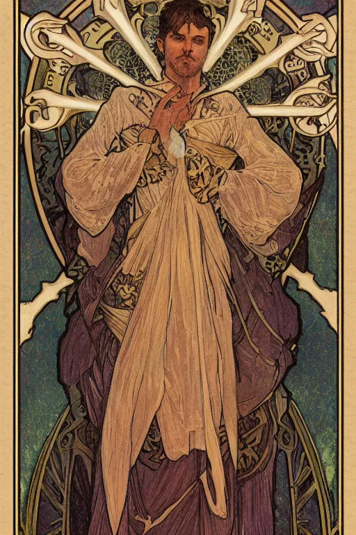 Prompt: tarot card, half - body, the devil, demon male, light robes, beautiful, medieval, super detailed, ornate, by alphonse mucha, stjepan sejic, greg rutkowski, symmetry, 8 k, sharp focus