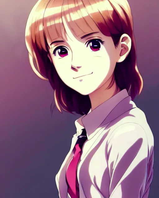 Prompt: Anime as Emma Watson playing Hermione Granger. Cute fine face. Pretty face. Cute smile. Realistic shaded. Perfect face. Fine details. Anime. Realistic shaded lighting. During golden hour!!! Ilya Kuvshinov. Katsuhiro Otomo. Ghost in the shell. Magali Villeneuve. artgerm. Jeremy Lipkin. Michael Garmash. Rob Rey,