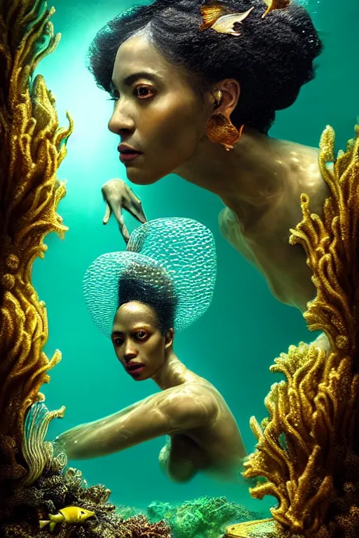 Image similar to hyperrealistic neo - rococo cinematic half underwater scene with fish and algae, very expressive! translucent elegant african goddess getting out of water, gold jewerly, highly detailed face, digital art masterpiece, aykut aydogdu zener, dramatic volumetric light, long shot, low angle uhd 8 k, sharp focus