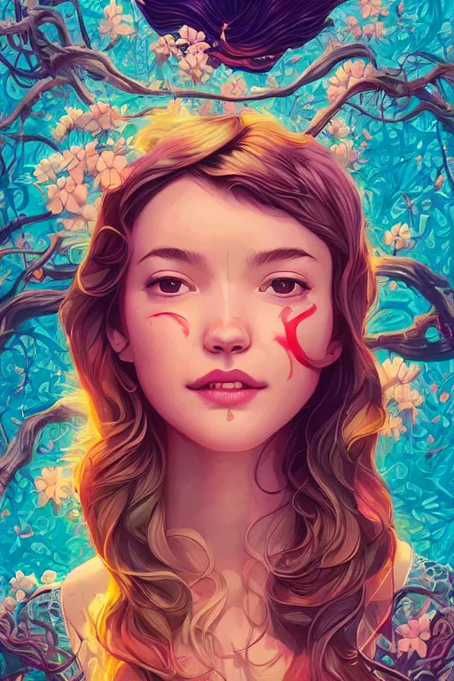 Prompt: a smiling cute woman beautiful skin and wavy hair, tristan eaton, victo ngai, artgerm, rhads, ross draws