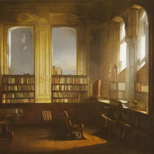 Image similar to painting of an empty dishelved studying room with yellow light from above, books scattered, highly detailed, intricate, dark colors, j. m. w turner, 8 k, intricate, dramatic lighting