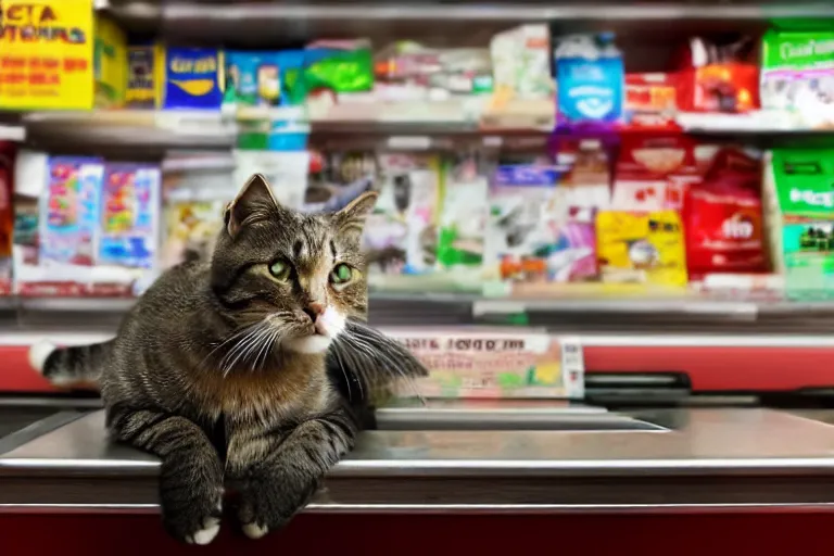 Image similar to cat on the counter in 7 - eleven next to a carton of cigarettes wide angle lens