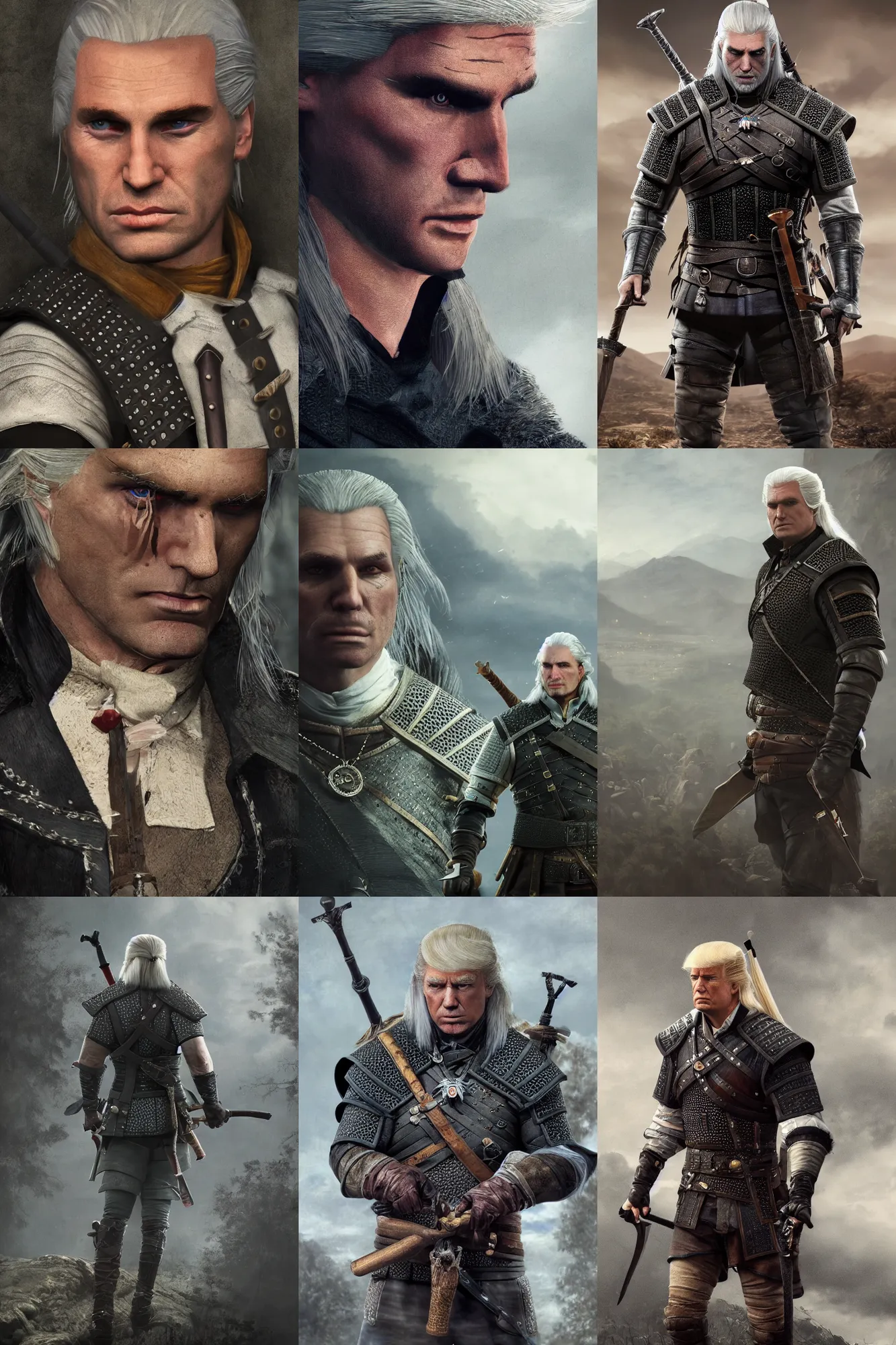 Image similar to donald trump as geralt from the witcher, artstation, by camille corot, cinematic, dramatic, filmic, 8 k, moody lighting, cinematic lighting, insanely detailed and intricate, hypermaximalist, elegant, ornate, hyper realistic, super detailed