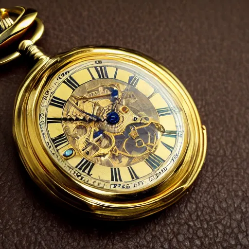 Image similar to close up photo of a gold pocket watch, high detail, complex,