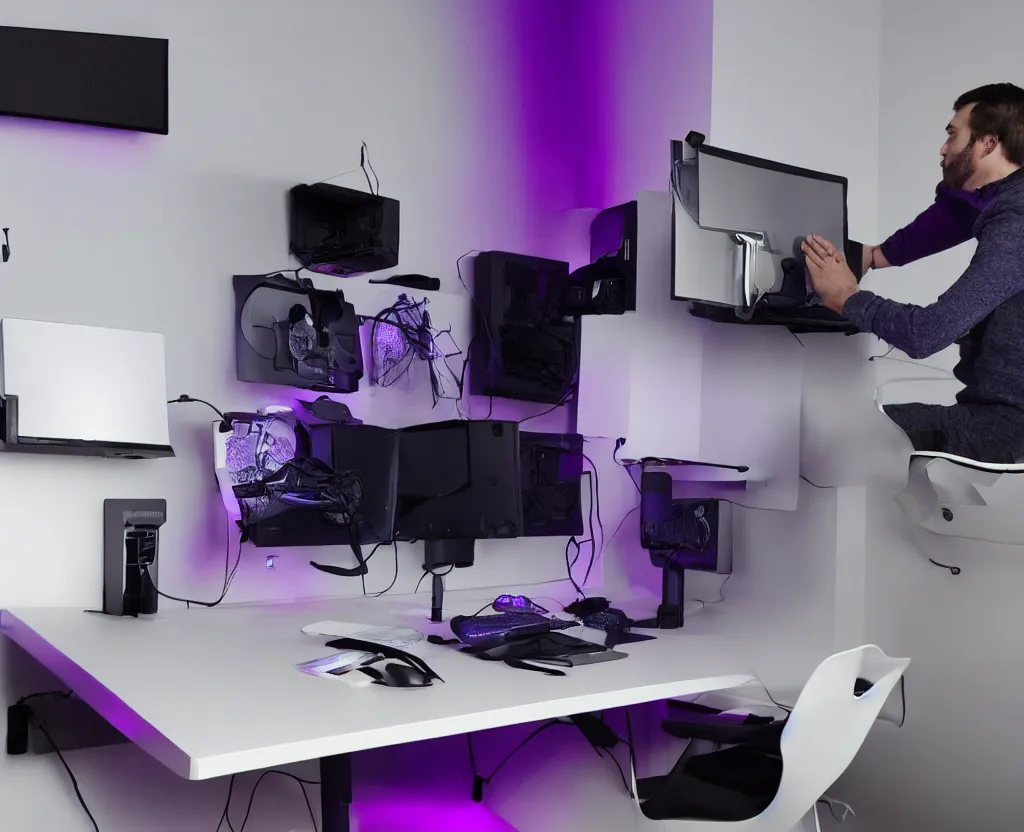 Image similar to a guy sitting on a blue ikea chair in front of a wall mounted monitor and a purple rgb keyboard and mouse on a white desk mounted to a white wall, the monitor also has purple backlighting and left to the guy is a purple RGB lighten gaming pc sitting on a white next table. From an view from behind the guy.