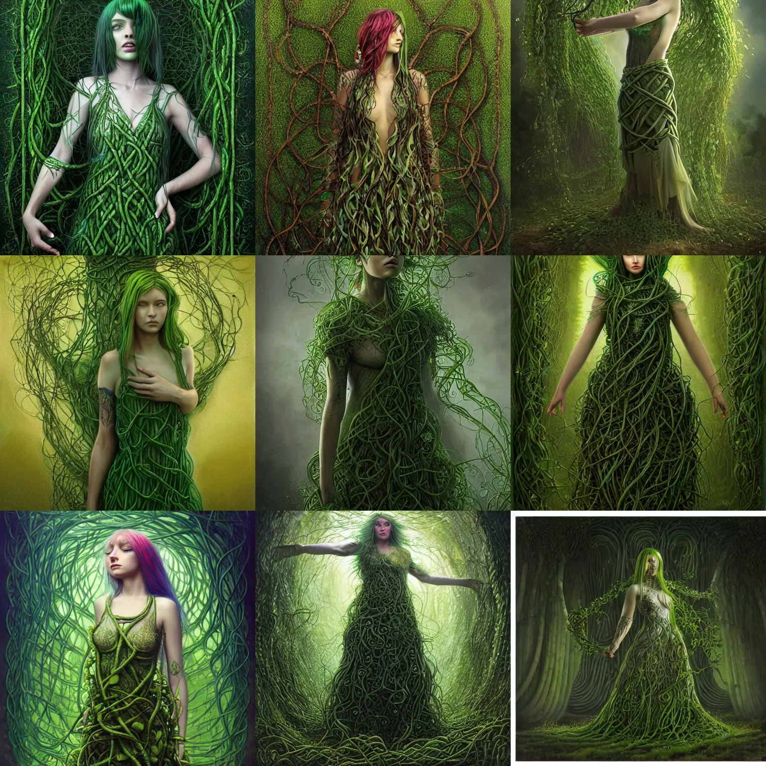 Prompt: a detailed full-body photo of girl with green hair, wearing a dress made of vines,ultra detailed, by Tomasz Alen Kopera and Peter Mohrbacher