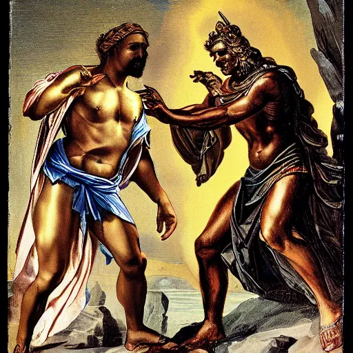 Prompt: the god of technology confronts Olympus
